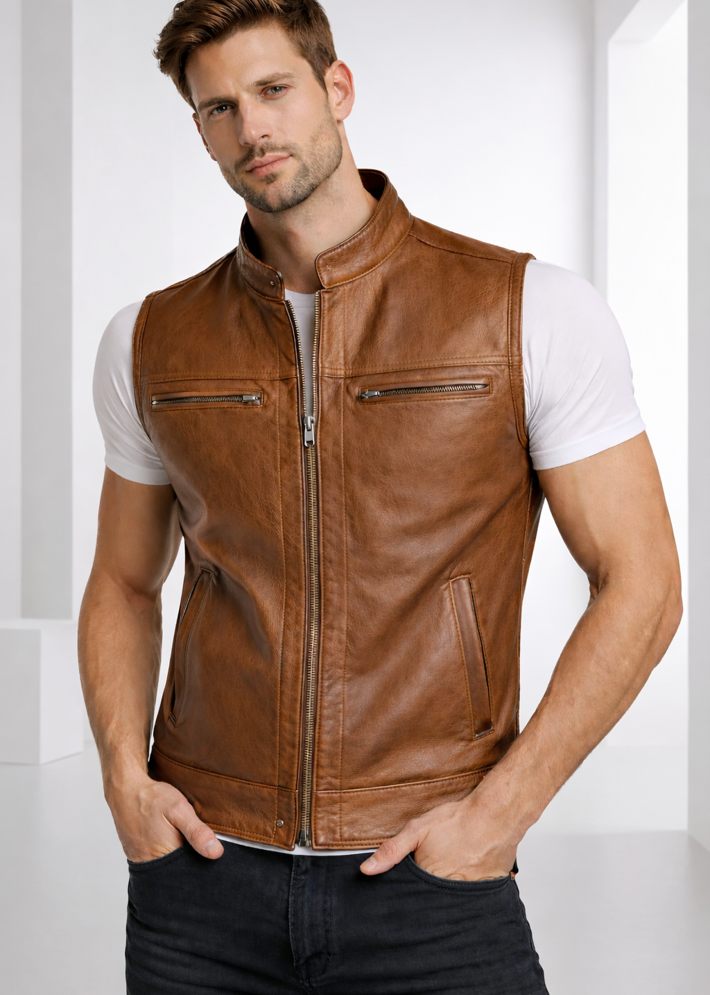 Cafe Racer Style Tan Brown Leather Vest