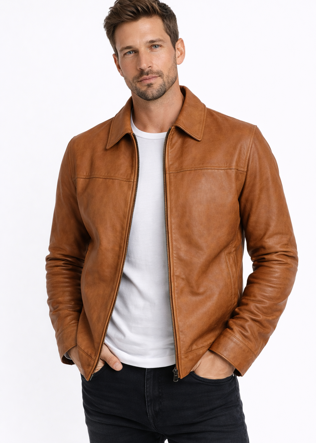 Modern Classic Saddle Brown Leather Jacket