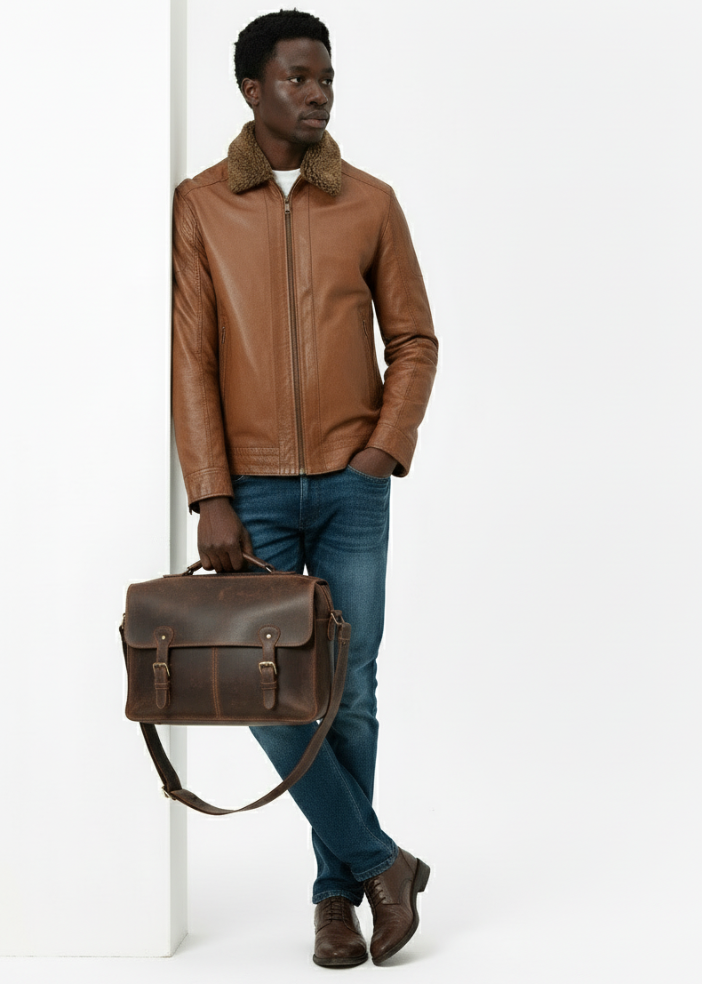 Brown Leather Jacket With Fur