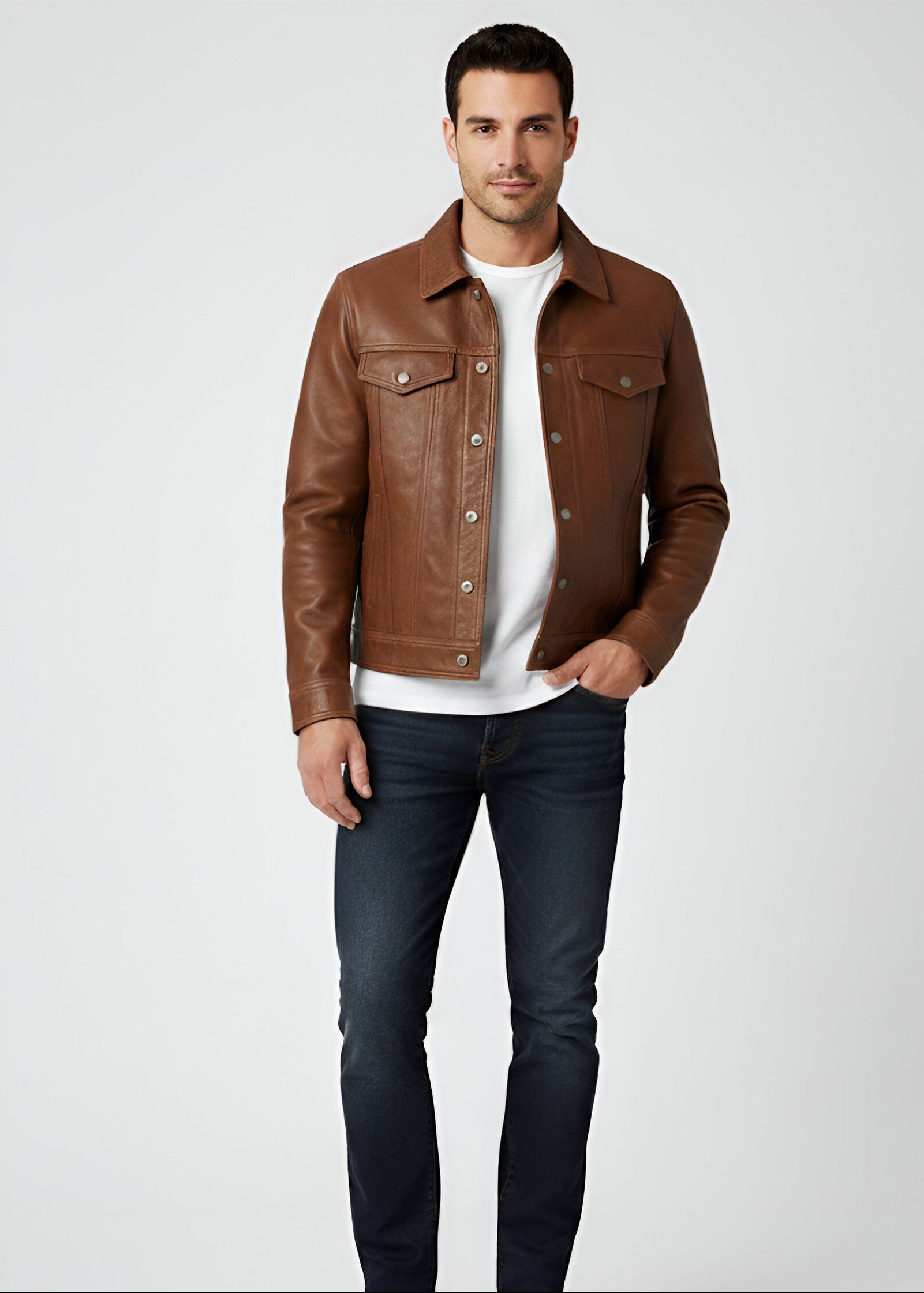 Tan Brown Trucker Leather Jacket