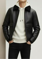 Shearling Collar Black Leather Jacket