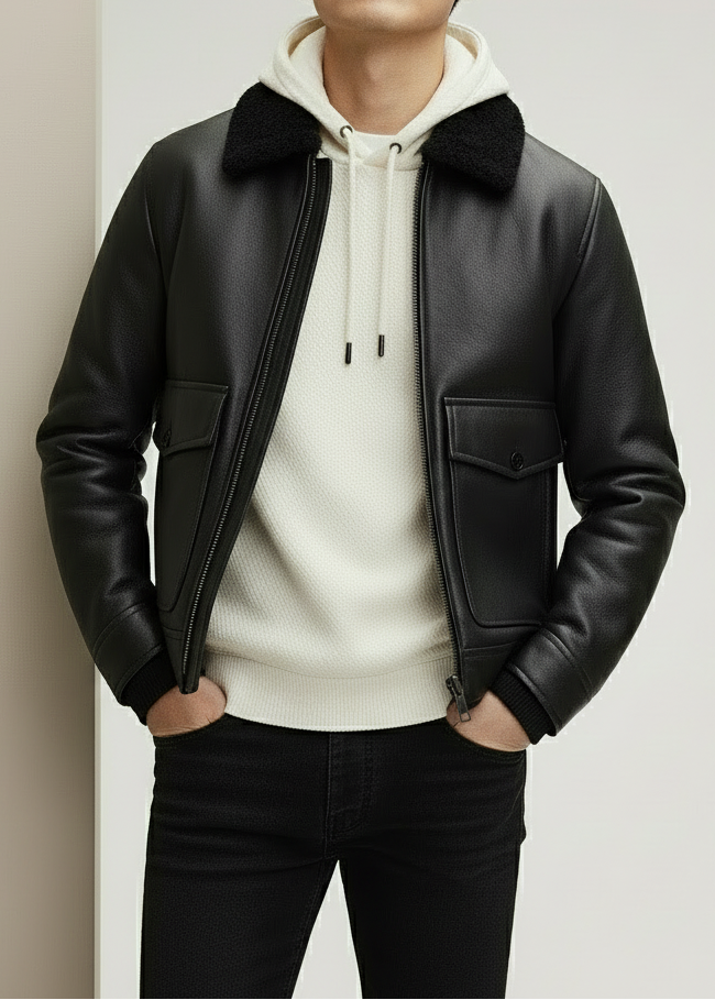 Shearling Collar Black Leather Jacket