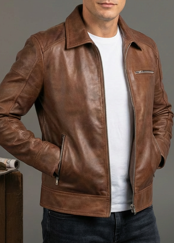 Tan Leather Cafe Racer Jacket