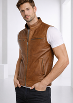 Cafe Racer Style Tan Brown Leather Vest