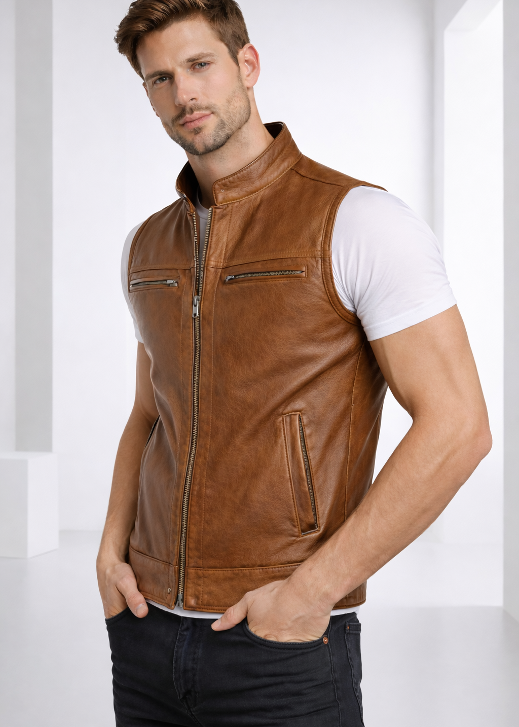 Cafe Racer Style Tan Brown Leather Vest