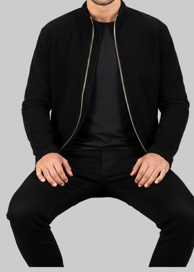 Black Suede Leather Zip-Up Jacket