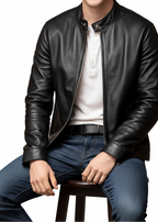 Stand-Collar Black Leather Biker Jacket