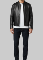 Stand-Collar Black Leather Biker Jacket