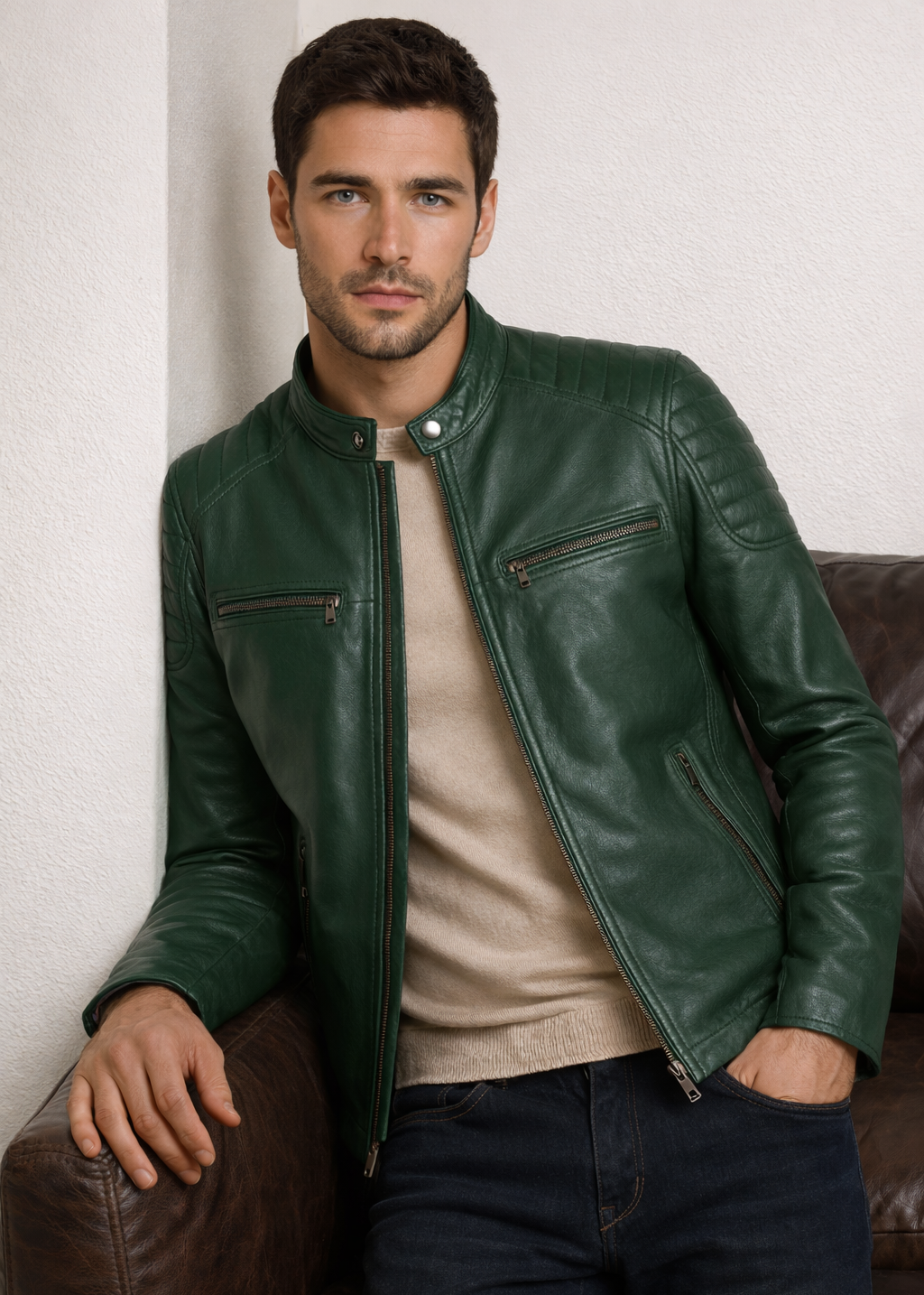 Forest Green Cafe Racer Leather Jacket
