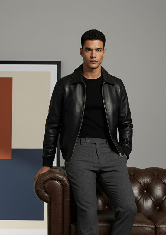 Black Leather Bomber Casual Jacket