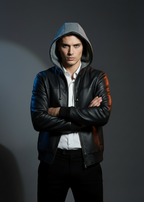 Black Hooded Leather Bomber Jacket