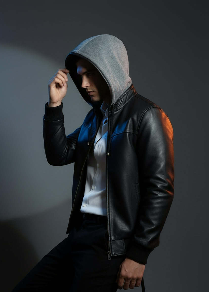 Black Hooded Leather Bomber Jacket