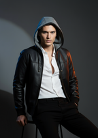 Black Hooded Leather Bomber Jacket
