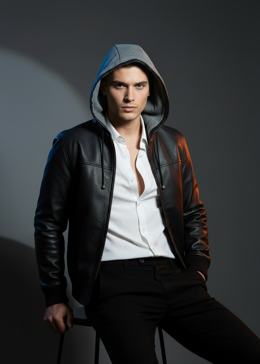 Black Hooded Leather Bomber Jacket