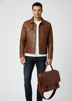 Tan Brown Trucker Leather Jacket