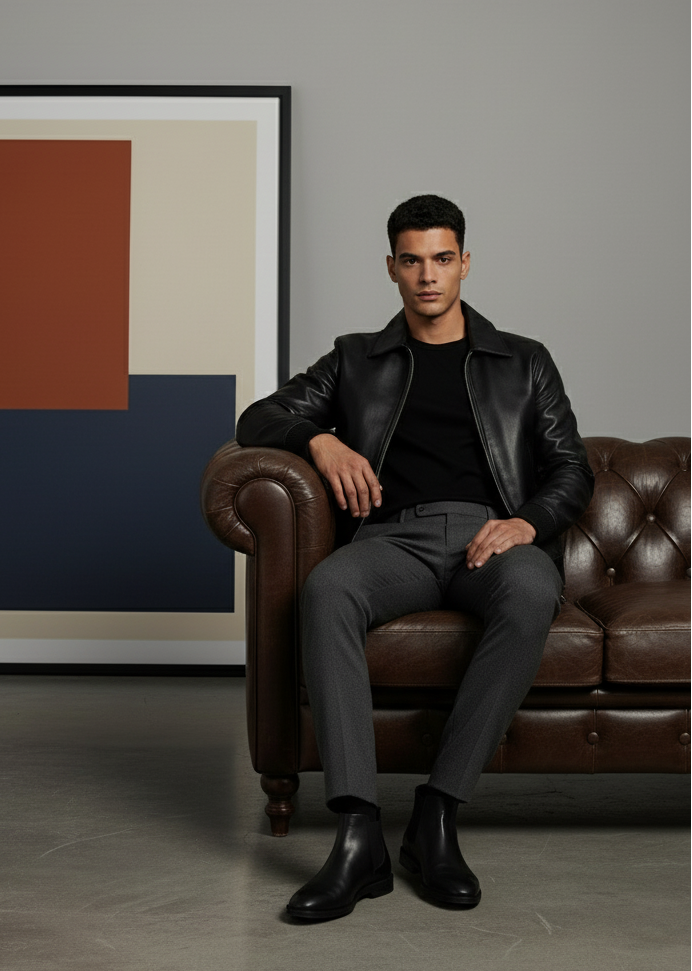 Black Leather Bomber Casual Jacket