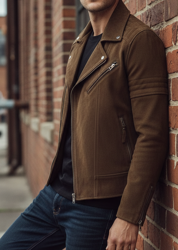 Camel Brown Suede Leather Biker Jacket