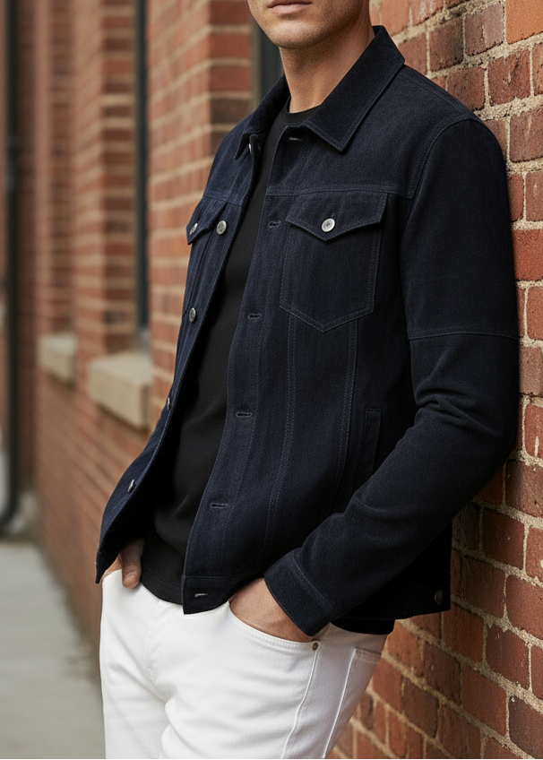 Midnight Blue Suede Leather Trucker Jacket