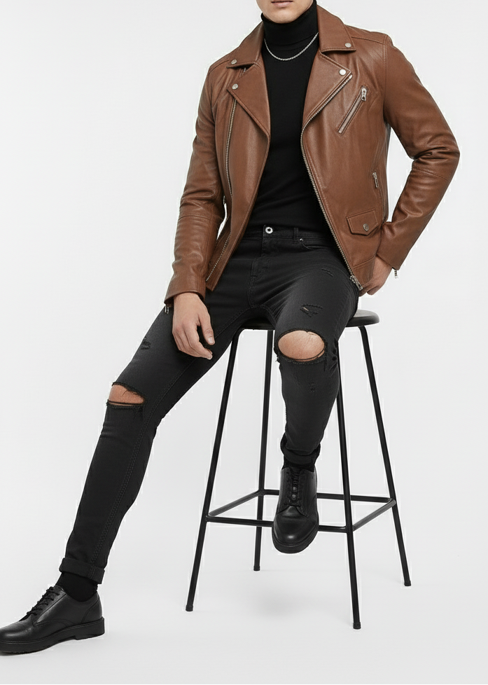 Brown Leather Biker Jacket