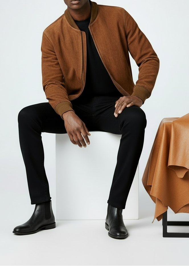 Brown Classic Suede Leather Bomber Jacket