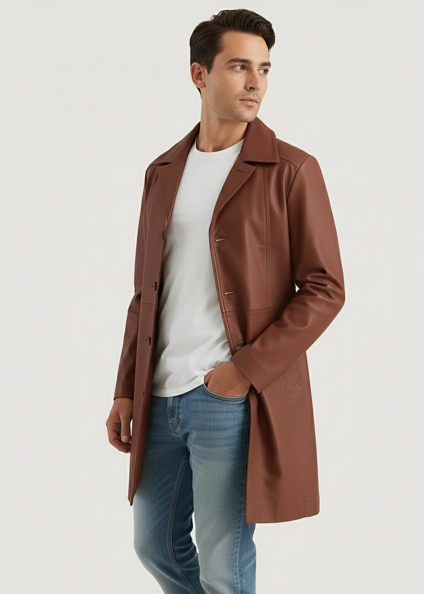 Tan Brown Leather Overcoat